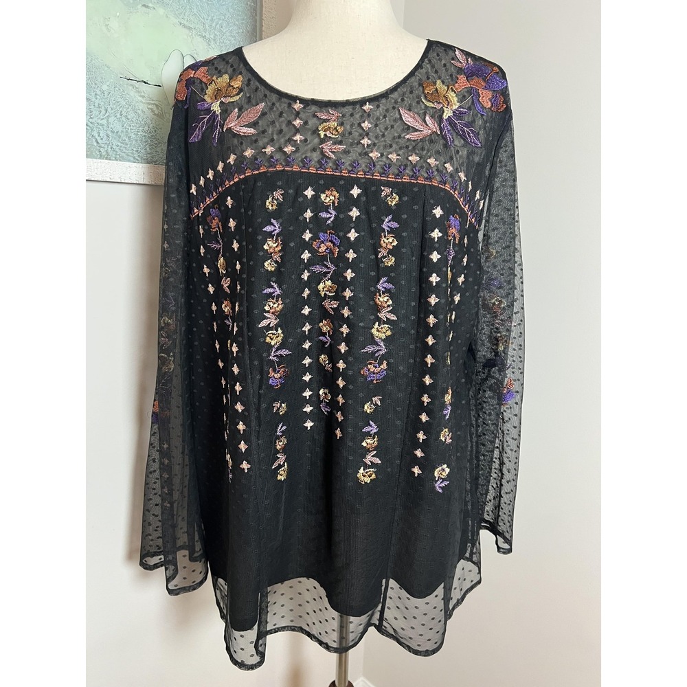Embroidered Floral Mesh Sheer Tunic Blouse 2X Boho Romantic Whimsigoth Peasant